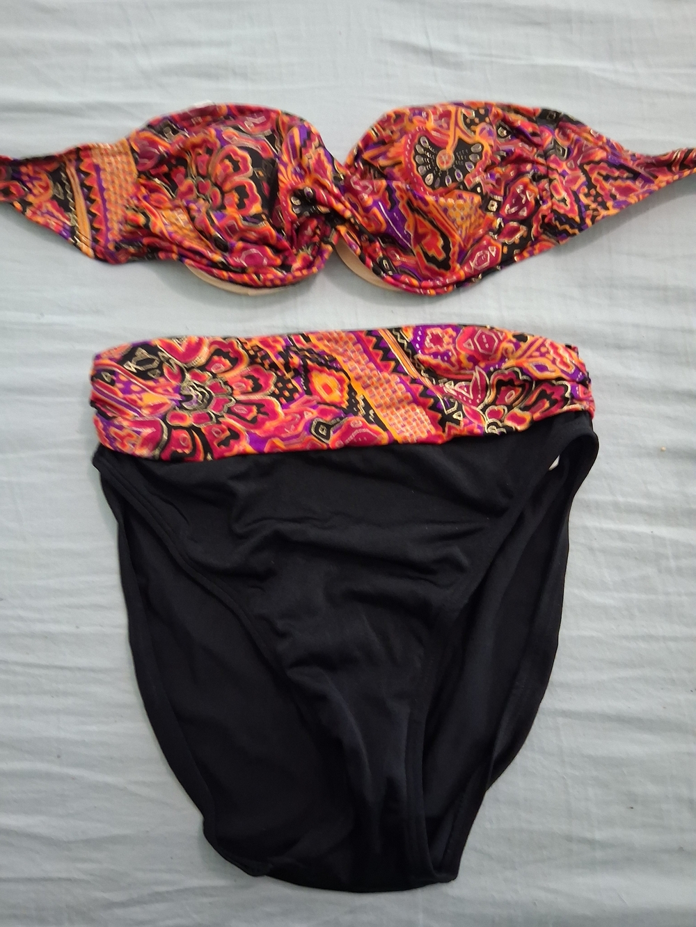 Black High-Waist Bikini Set with Multicolor Paisley Bandeau Top